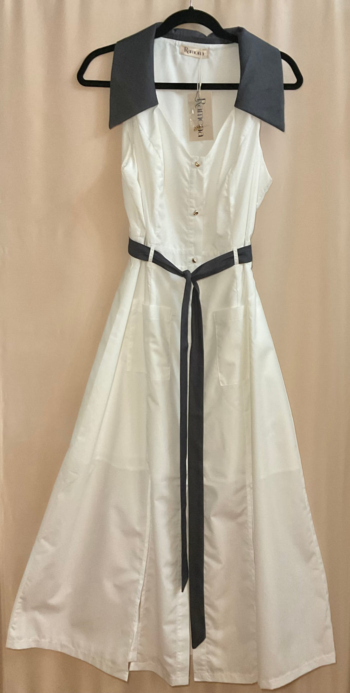 Vestido Blanco Cuello Contraste con Corbata