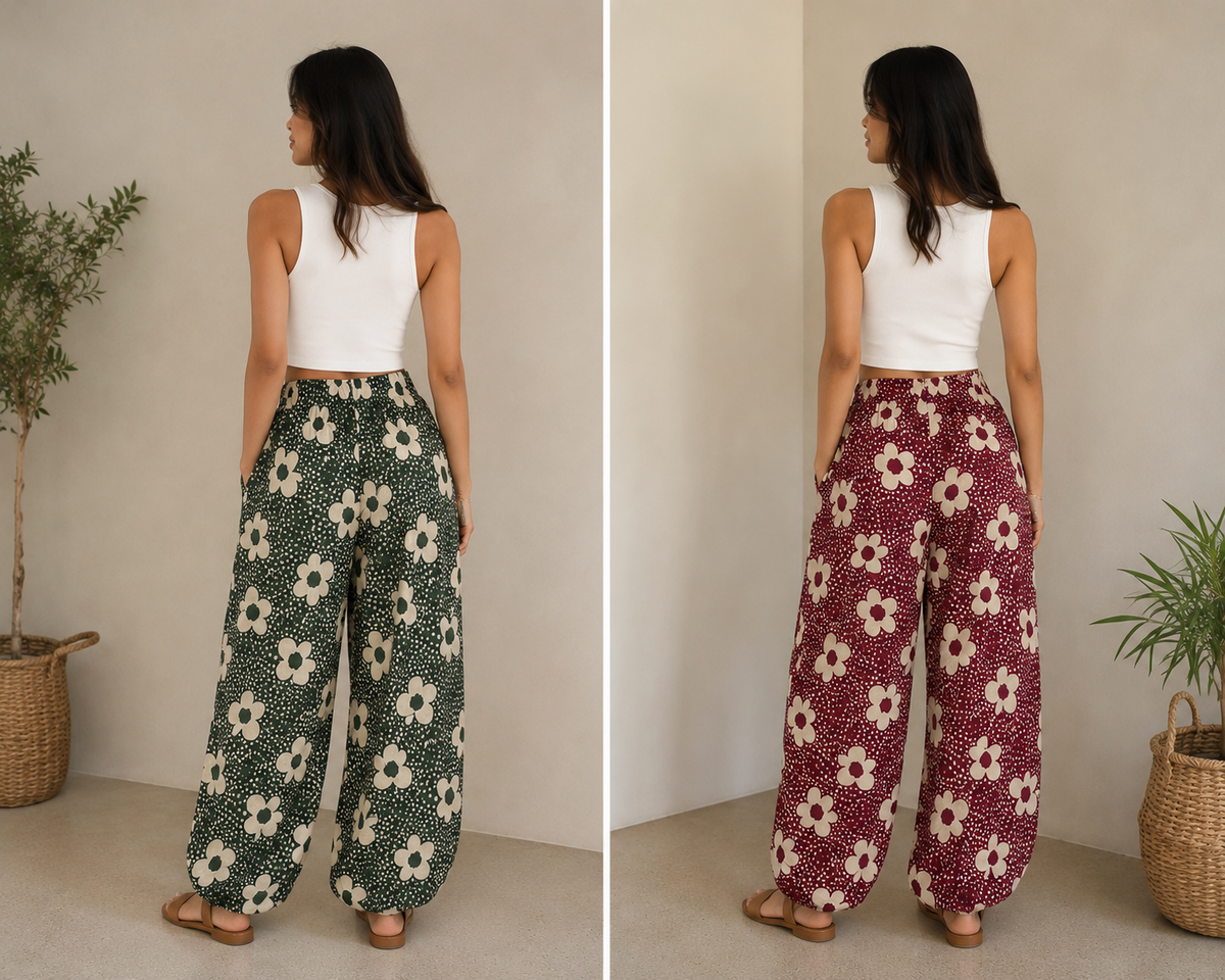 Pantalón floreado (verde y vino)