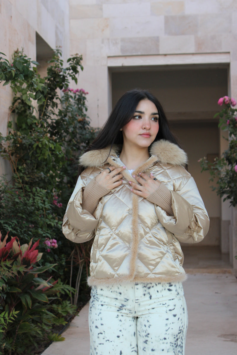 Chamarra Puffer con Fur Dorada