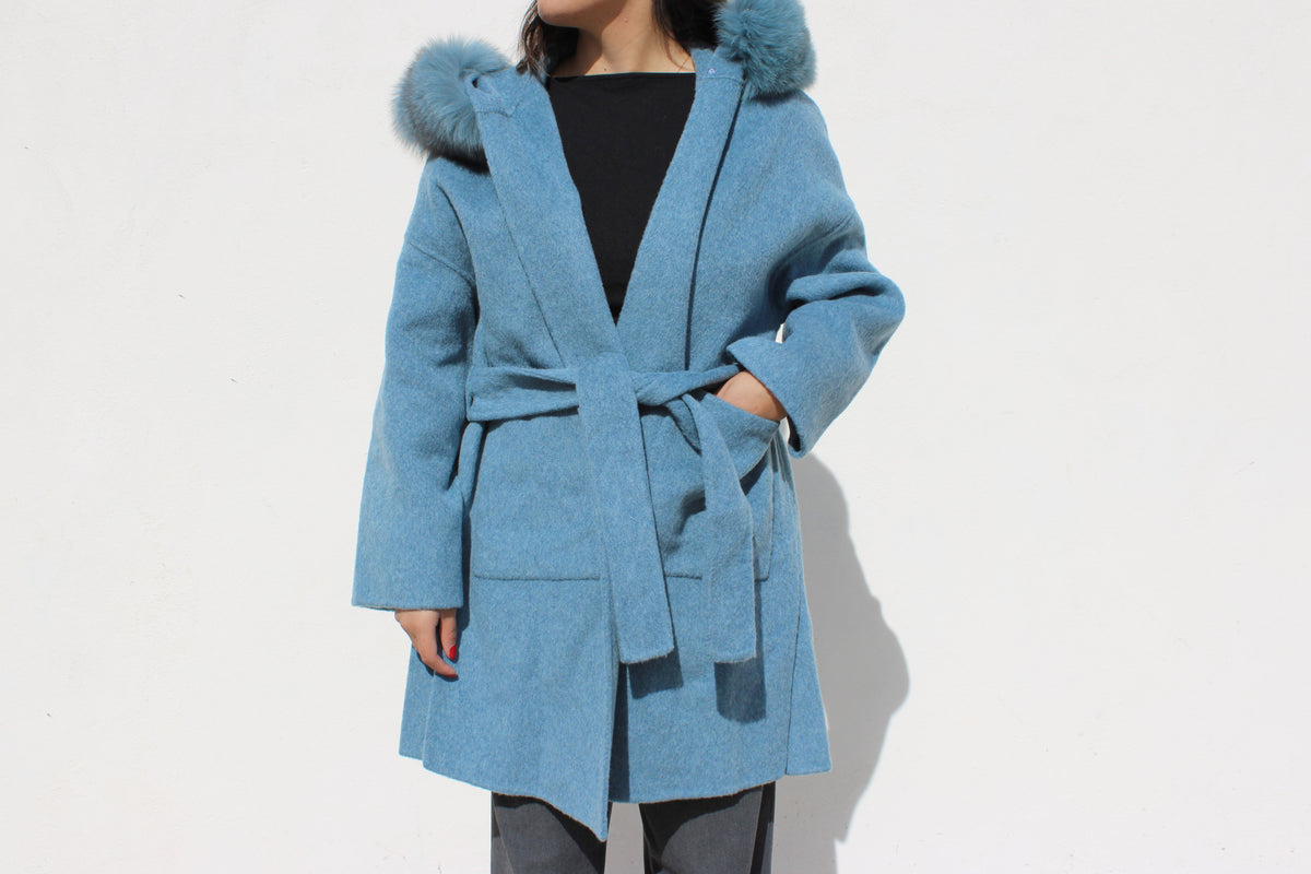 Abrigo Azul Cuello Piel de Zorro
