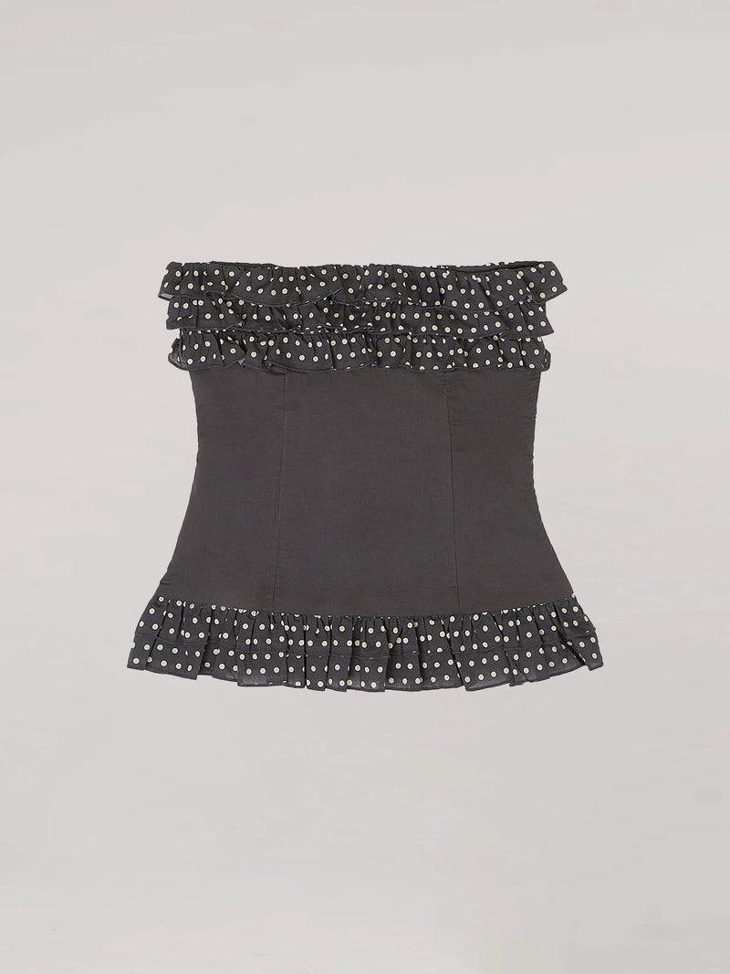 Top strapless de lunares blancos
