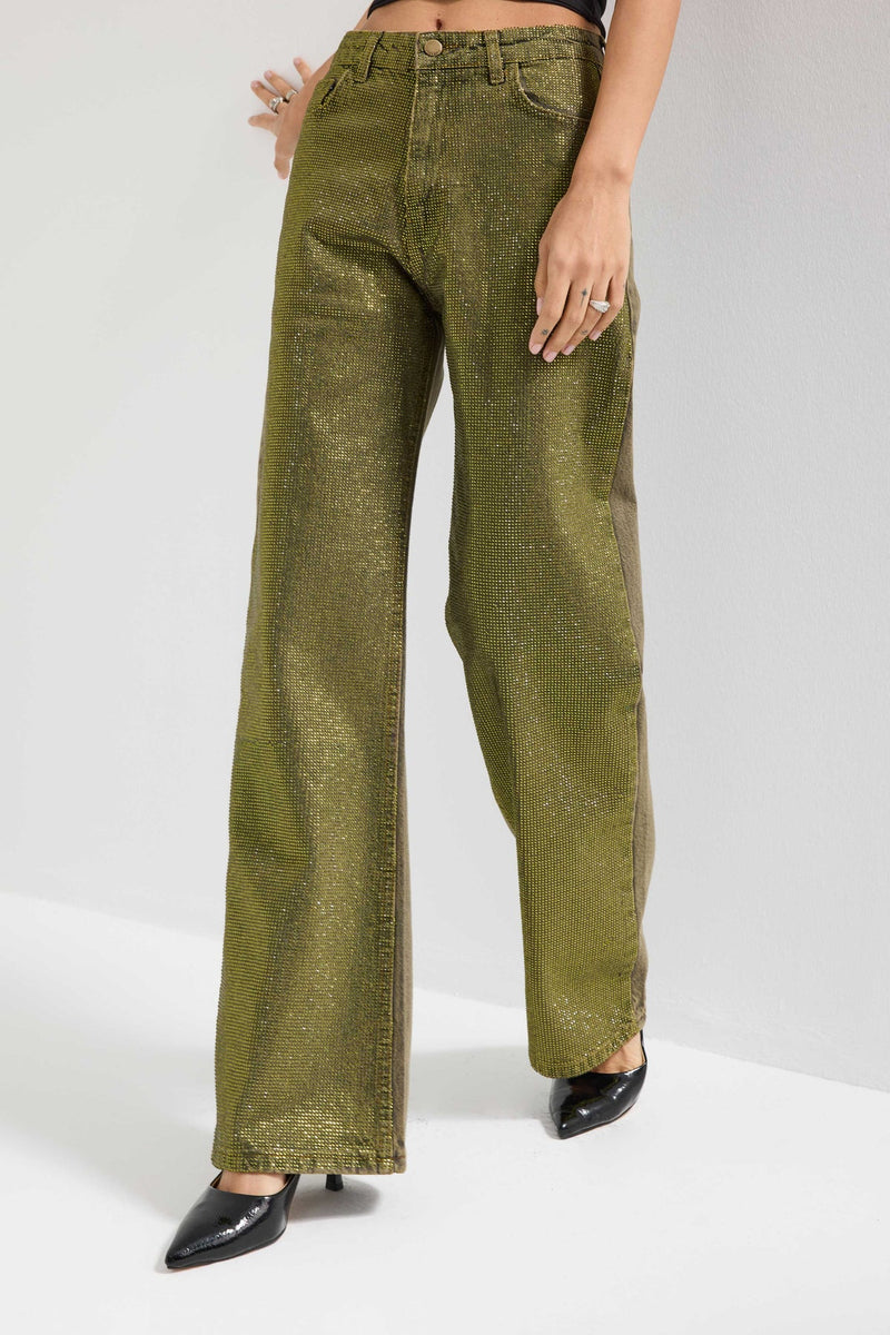 Jeans verde con pedrería