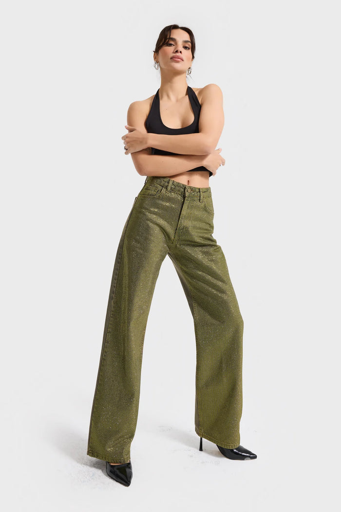 Jeans verde con pedrería