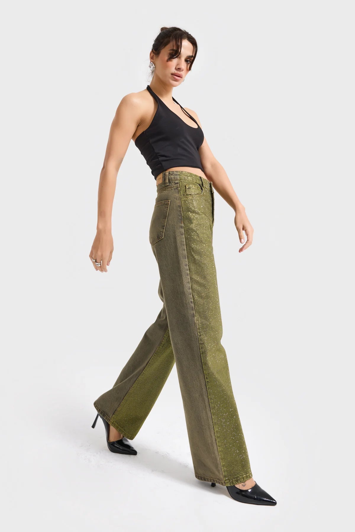 Jeans verde con pedrería
